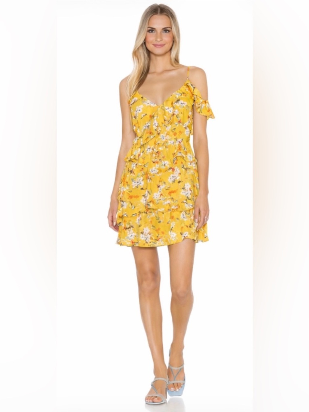 NEW REVOLVE Song of Style Sloan Mini Yellow Floral Tiered Dress Size Small - Picture 4 of 16
